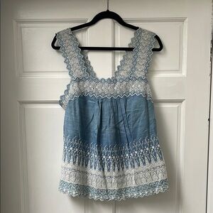 Blue and White Lace Trimmed Women's Top